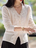 Emma Elegant V-Neck Lace Knitted Cardigan-White