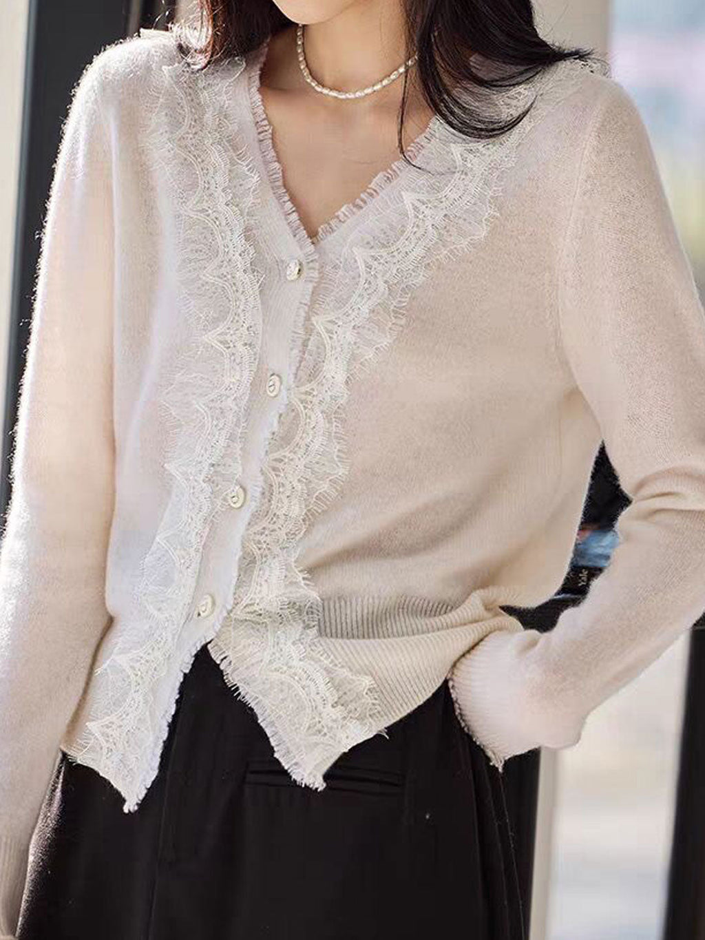Emma Elegant V-Neck Lace Knitted Cardigan-White