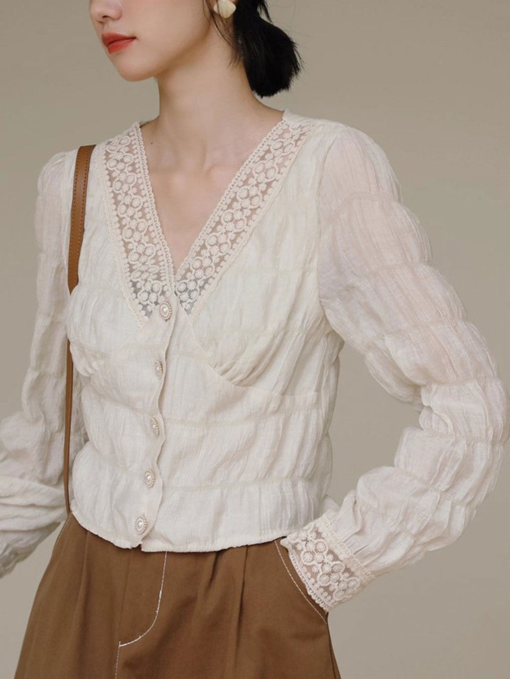 Ava Vintage V-Neck Latern Sleeve Lace Chiffon Blouse