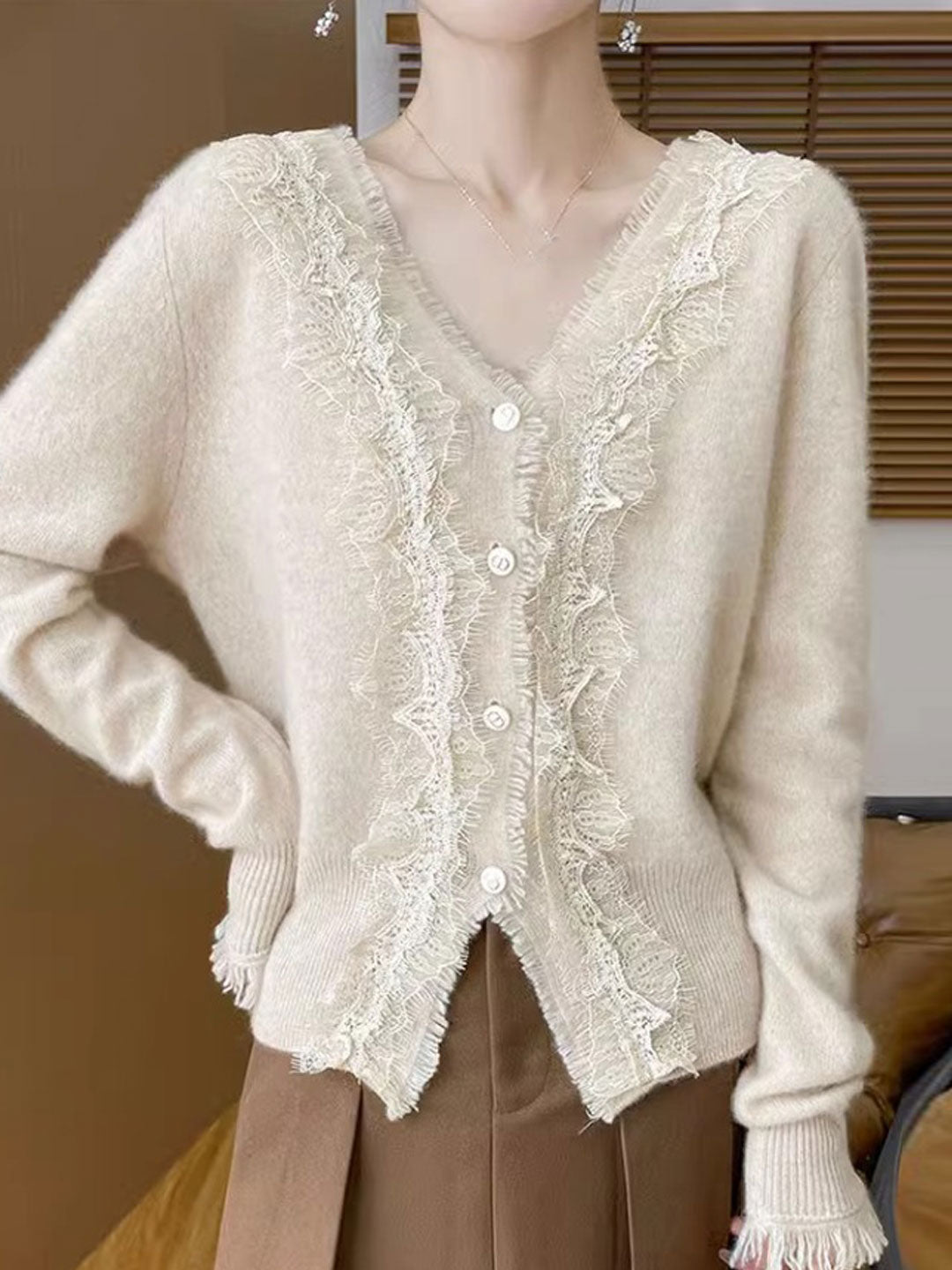 Emma Elegant V-Neck Lace Knitted Cardigan-White