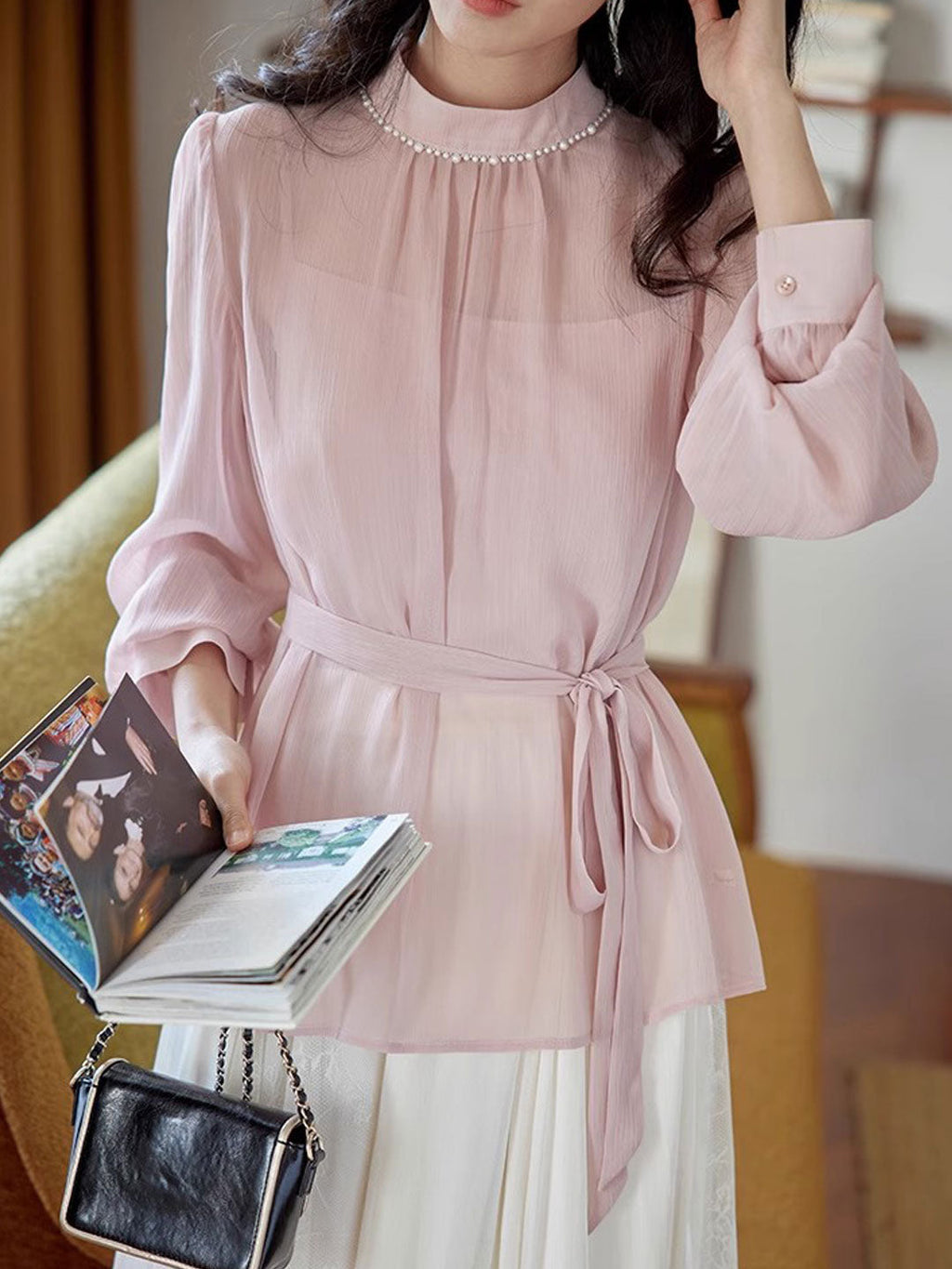 Claire Elegant Solid Color Pearl Top