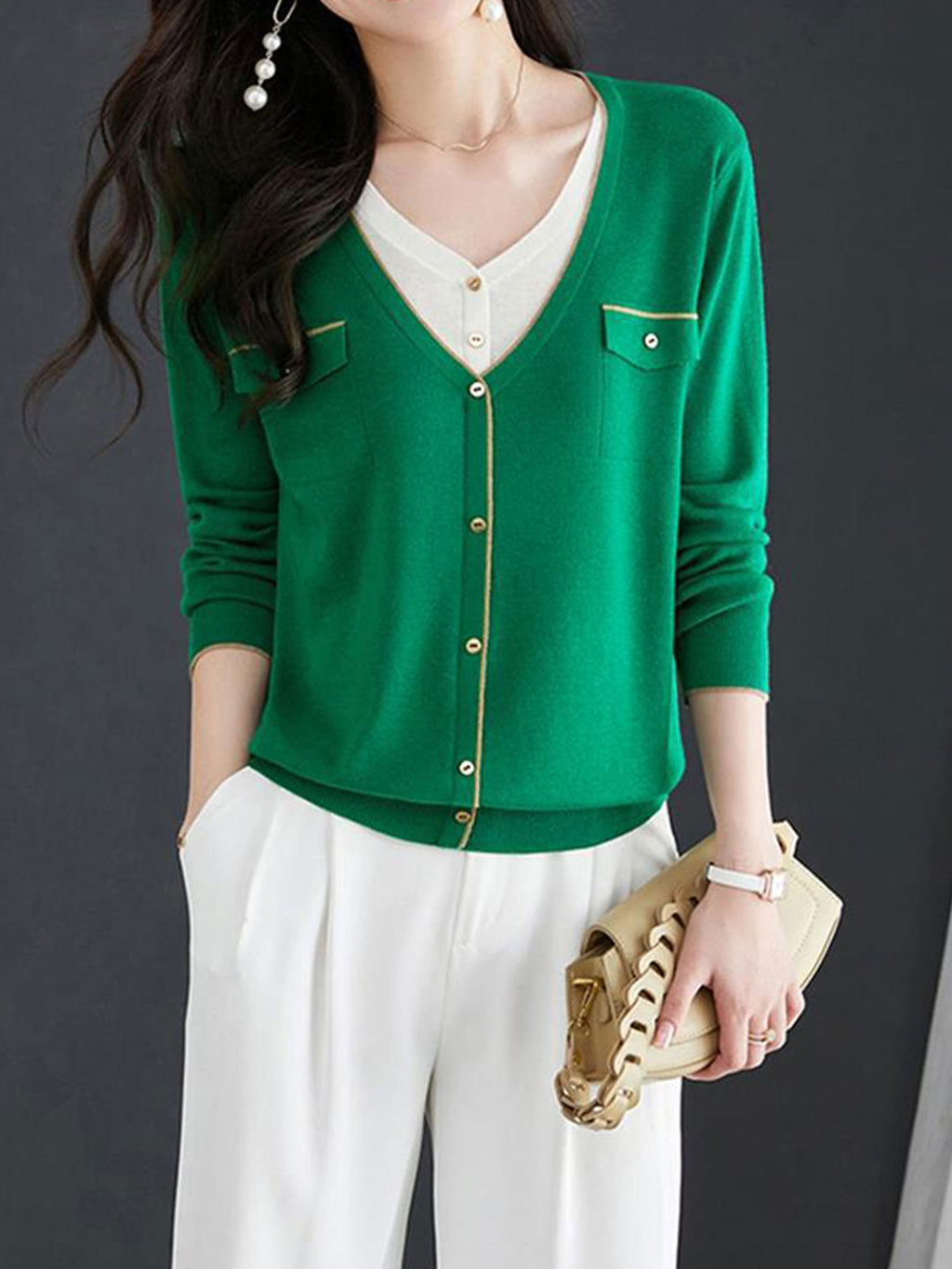 Olivia Loose V-Neck Mock Two-Piece Knitted Cardigan