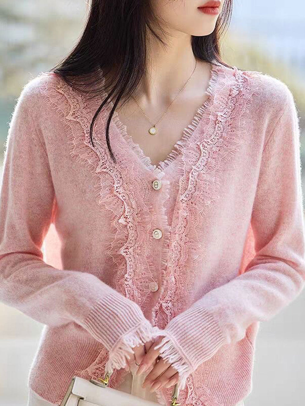 Emma Elegant V-Neck Lace Knitted Cardigan-White