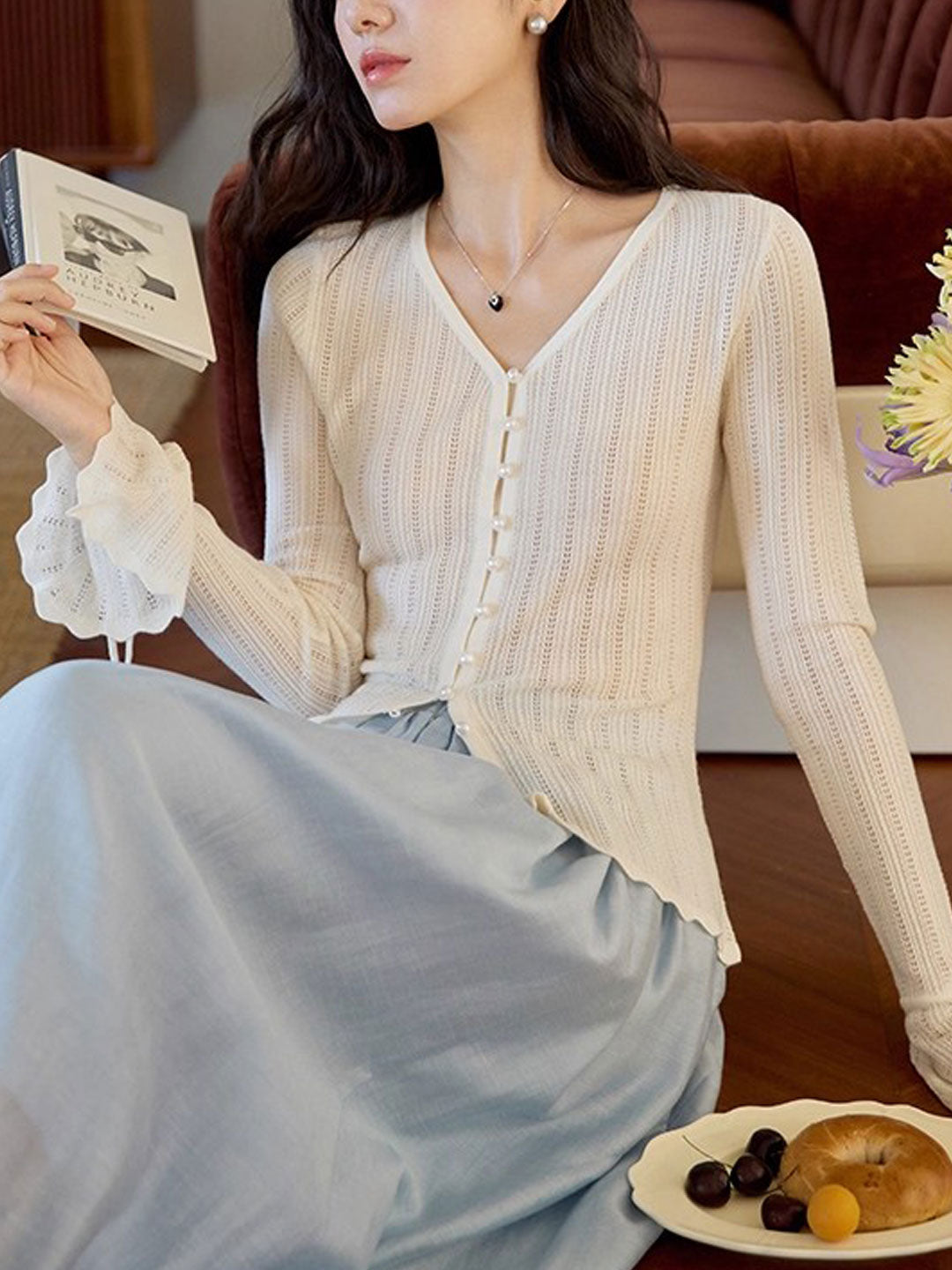 Zoe Slim V-Neck Flare Sleeve Pearl Hollowed Knitted Cardigan