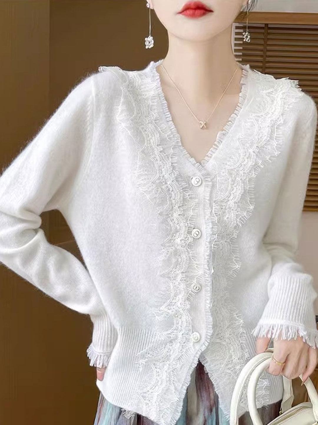 Emma Elegant V-Neck Lace Knitted Cardigan-White