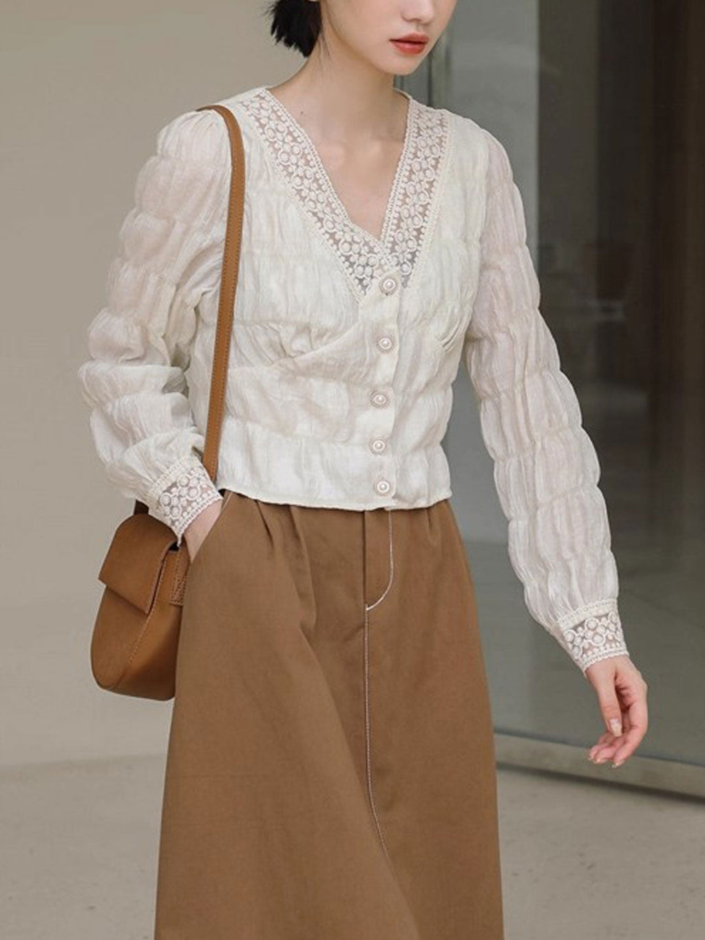 Ava Vintage V-Neck Latern Sleeve Lace Chiffon Blouse