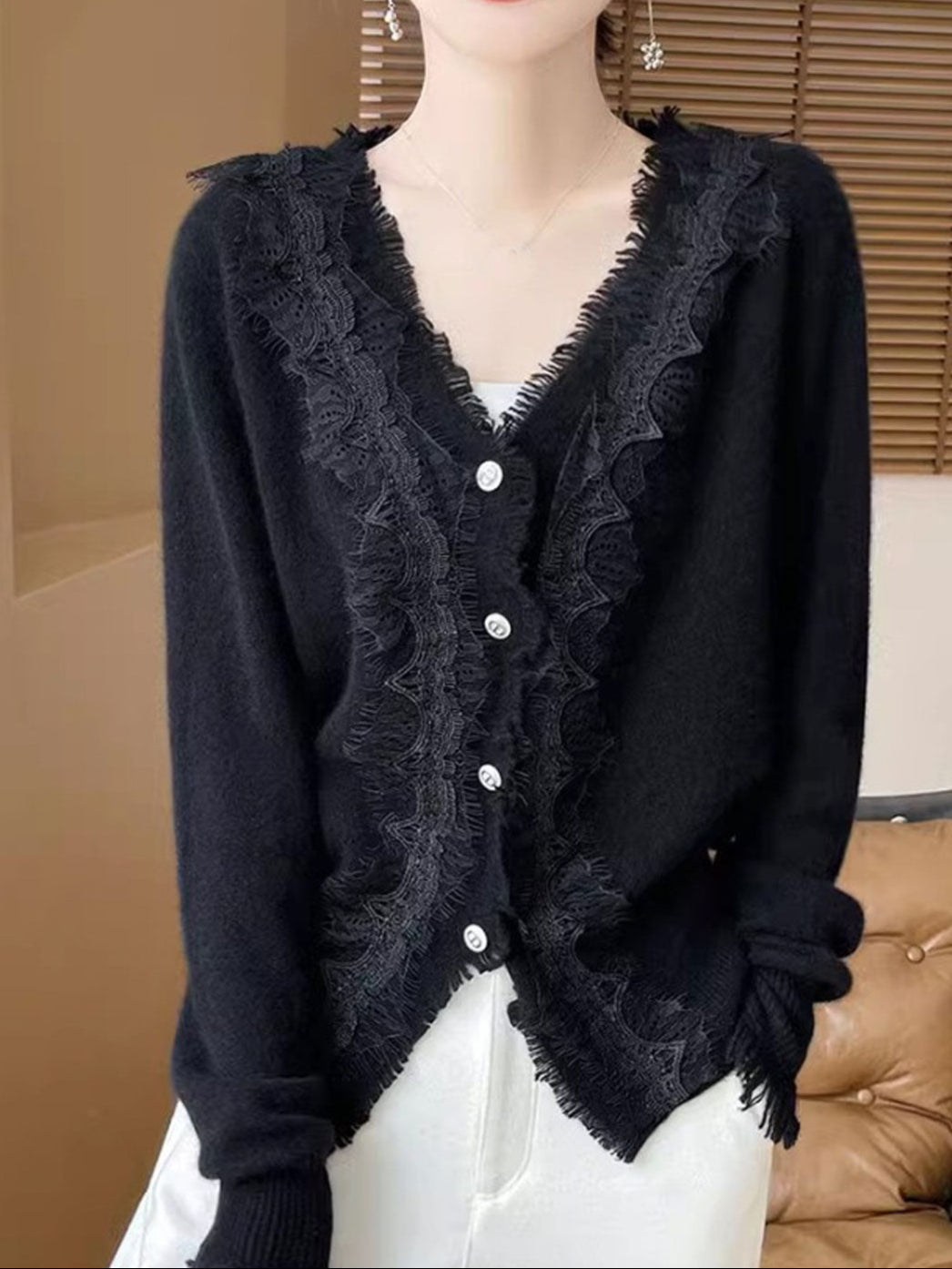Emma Elegant V-Neck Lace Knitted Cardigan-White