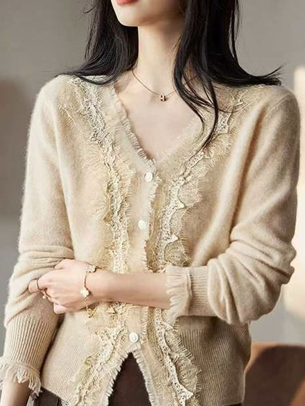 Emma Elegant V-Neck Lace Knitted Cardigan-White