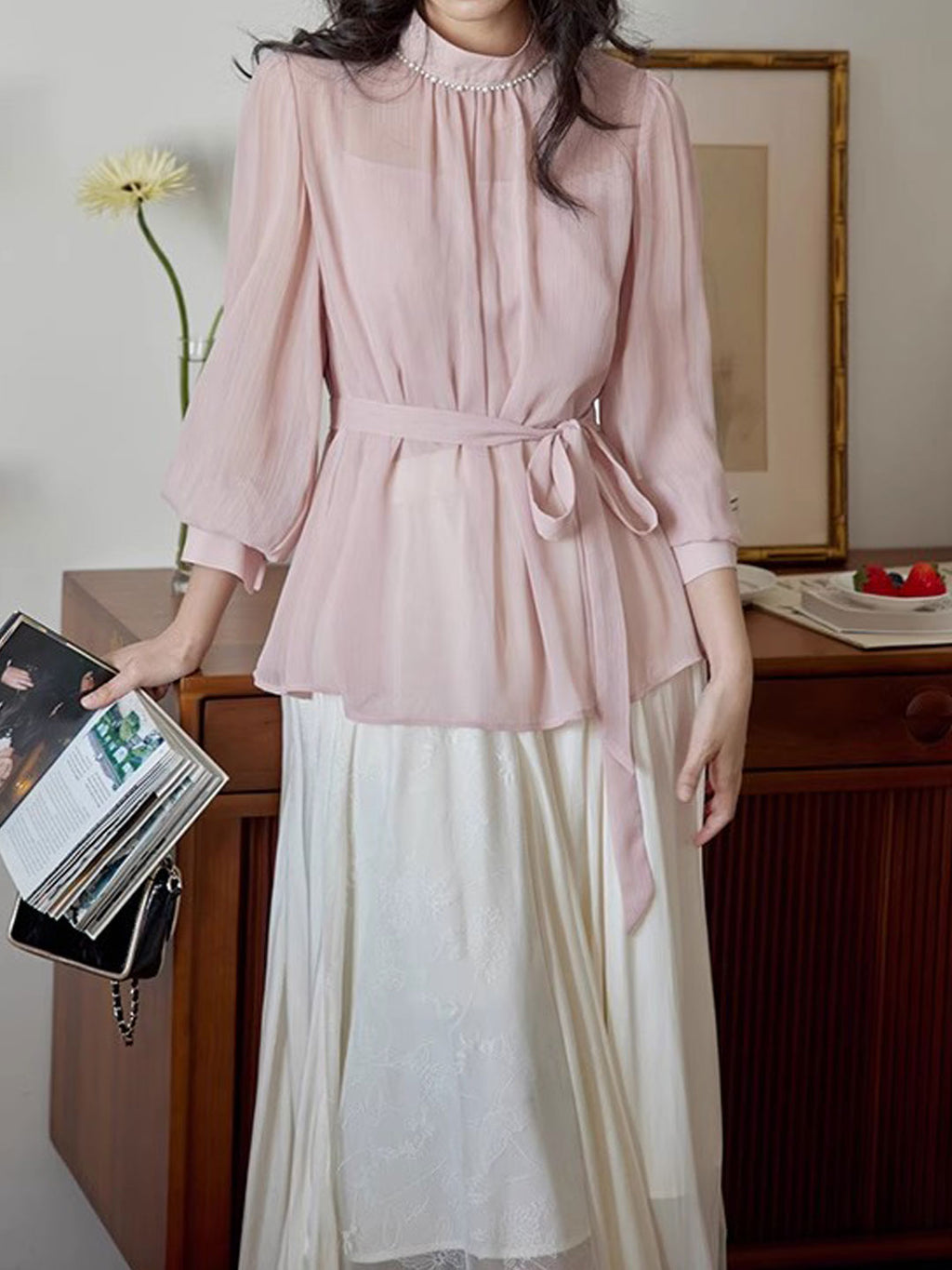 Claire Elegant Solid Color Pearl Top