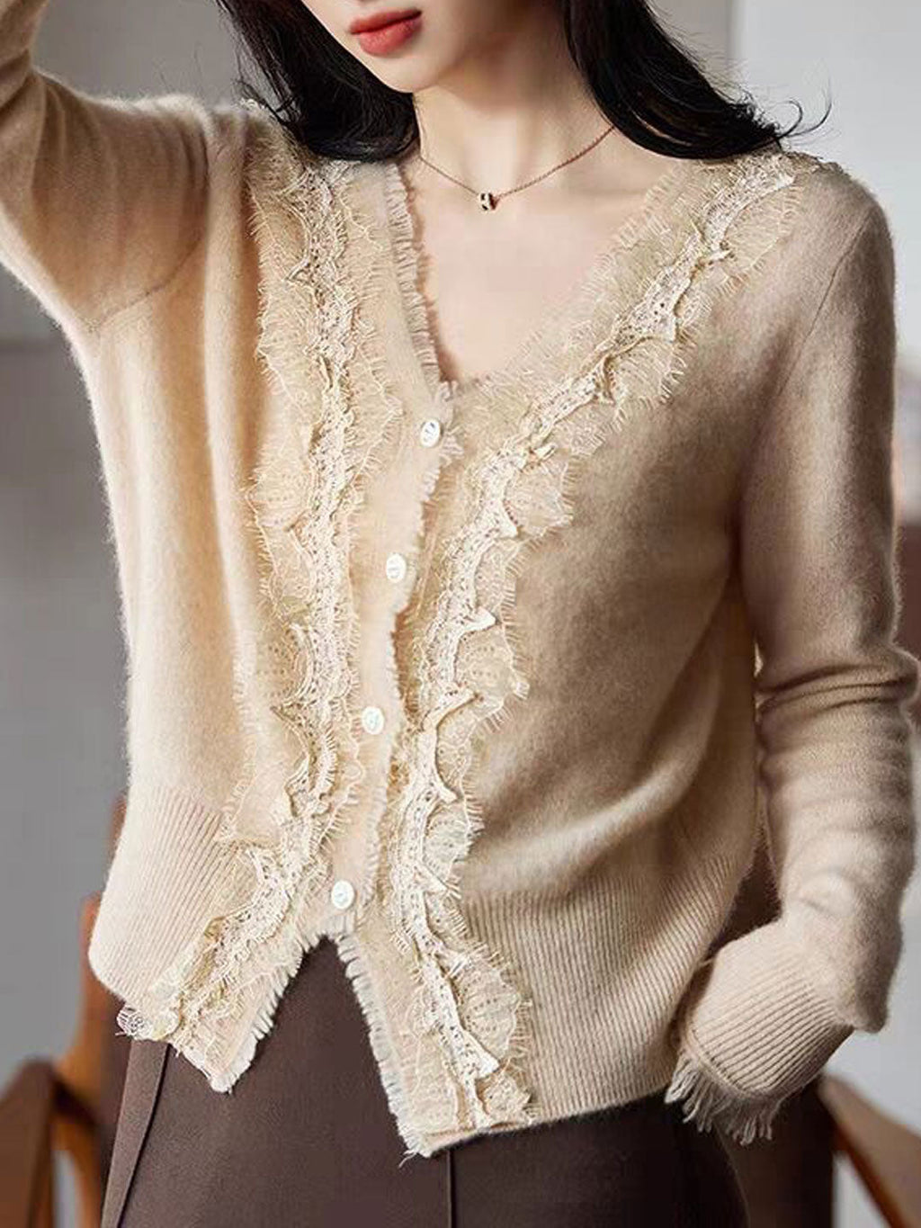 Emma Elegant V-Neck Lace Knitted Cardigan-White