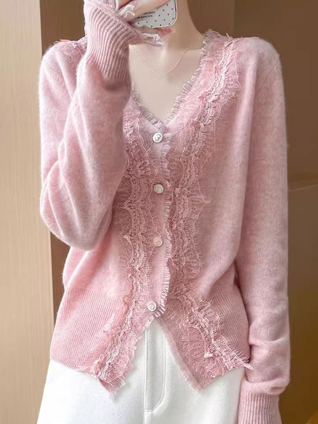 Emma Elegant V-Neck Lace Knitted Cardigan-White